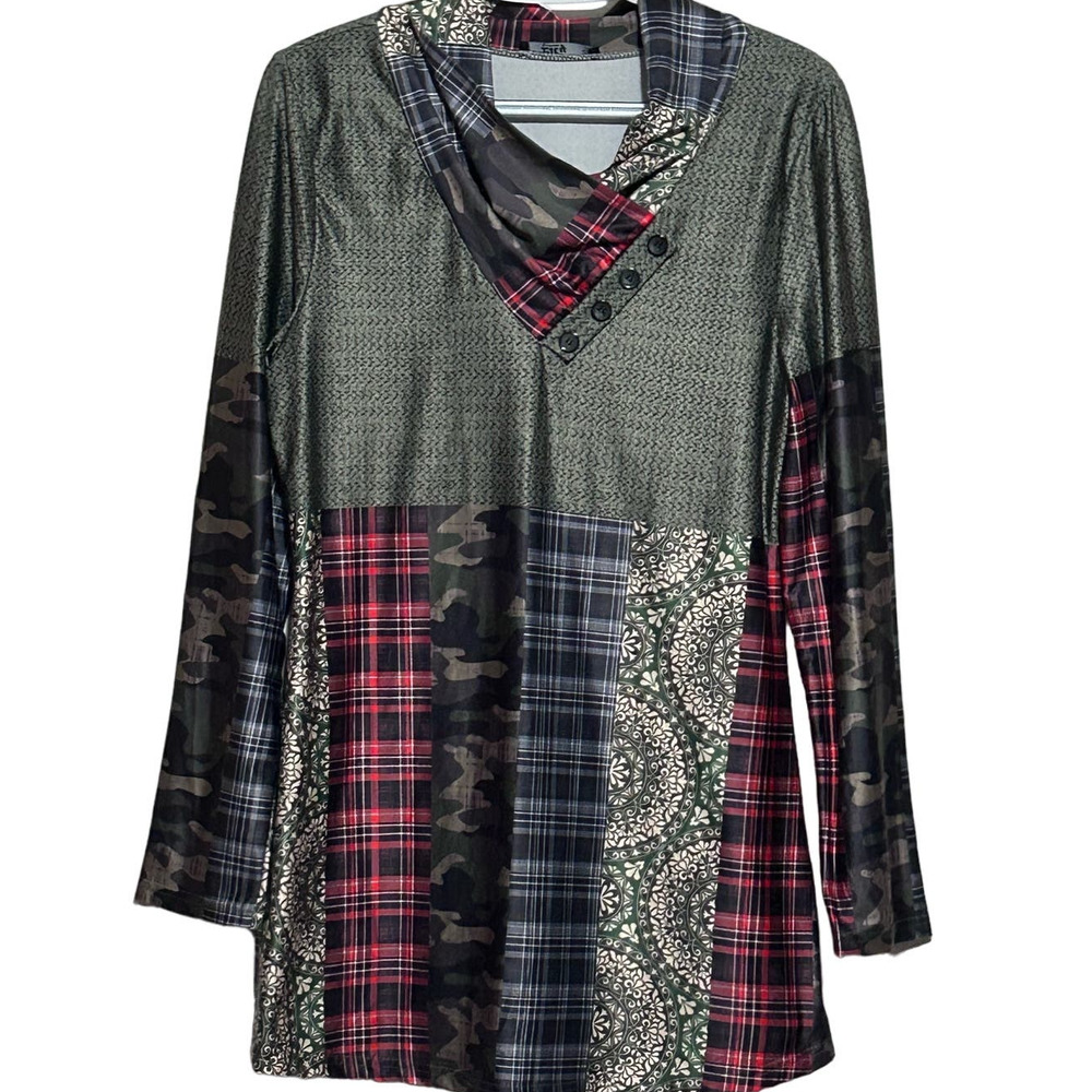 Lily by Firmiana Women's Green Camo Color Block Tunic Long Sleeve Size M‎